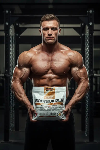 Muskulöser Bodybuilder hält Muscle Mass Gainer Beutel im Fitnessstudio