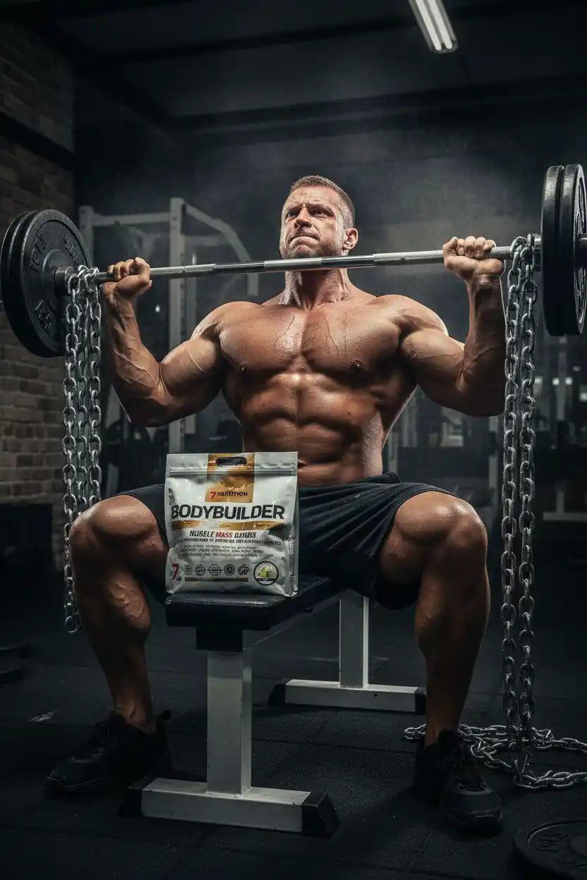 Muskulöser Bodybuilder mit Hantel und Bodybuilder Mass Gainer Pulver im Fitnessstudio