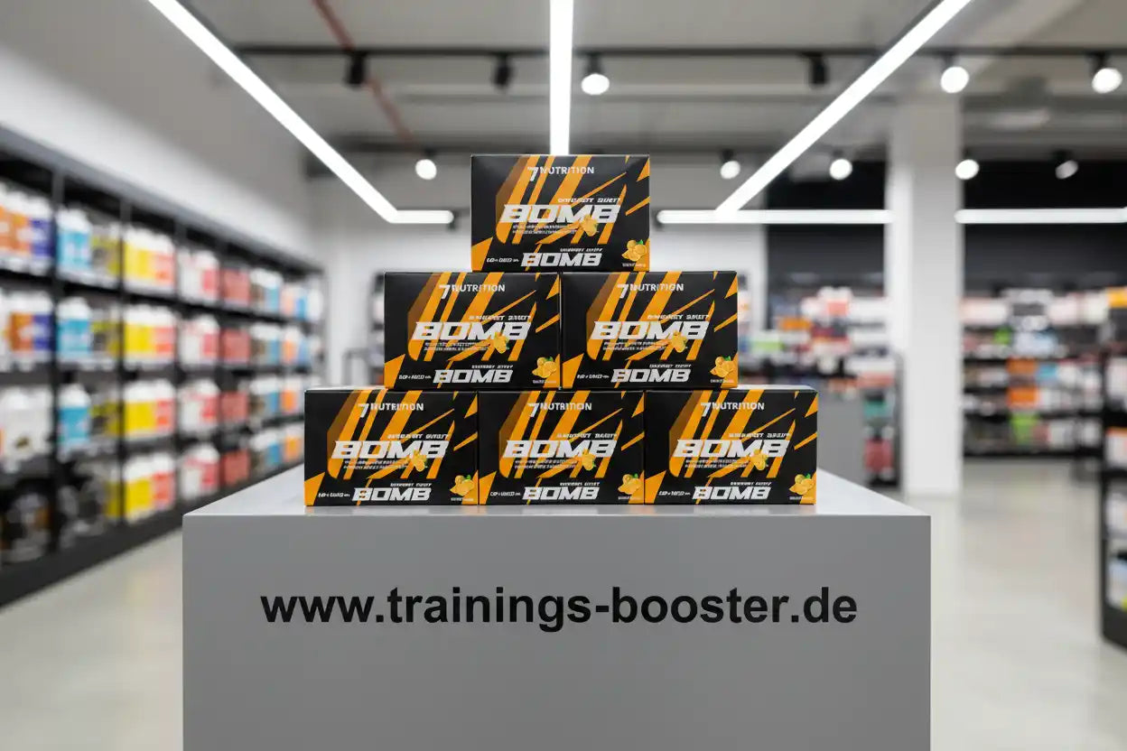 7NUTRITION BOMB Energy Shot Boxen in Pyramidenform im Fitness-Shop, ideal für Sportler und Training