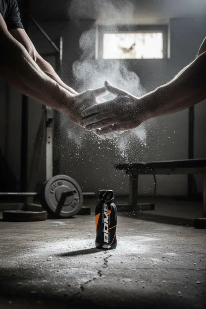 Athletenhände mit Magnesiumpulver über Booster-Flasche im Fitnessstudio