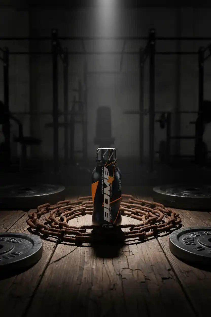 BOMA Energy Shot in Fitnessstudio mit Hantelscheiben und Kette, ideal als Trainingsbooster