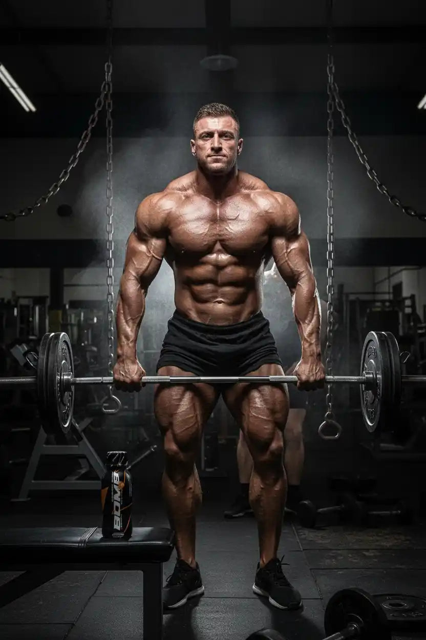 Muskulöser Bodybuilder mit Hantel im Fitnessstudio, neben Booster-Flasche – ideal für Krafttraining & Muskelaufbau