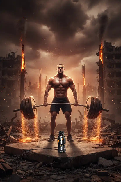 Muskulöser Athlet mit Hantel und Booster-Flasche vor apokalyptischer Kulisse – Krafttraining & Sportnahrung