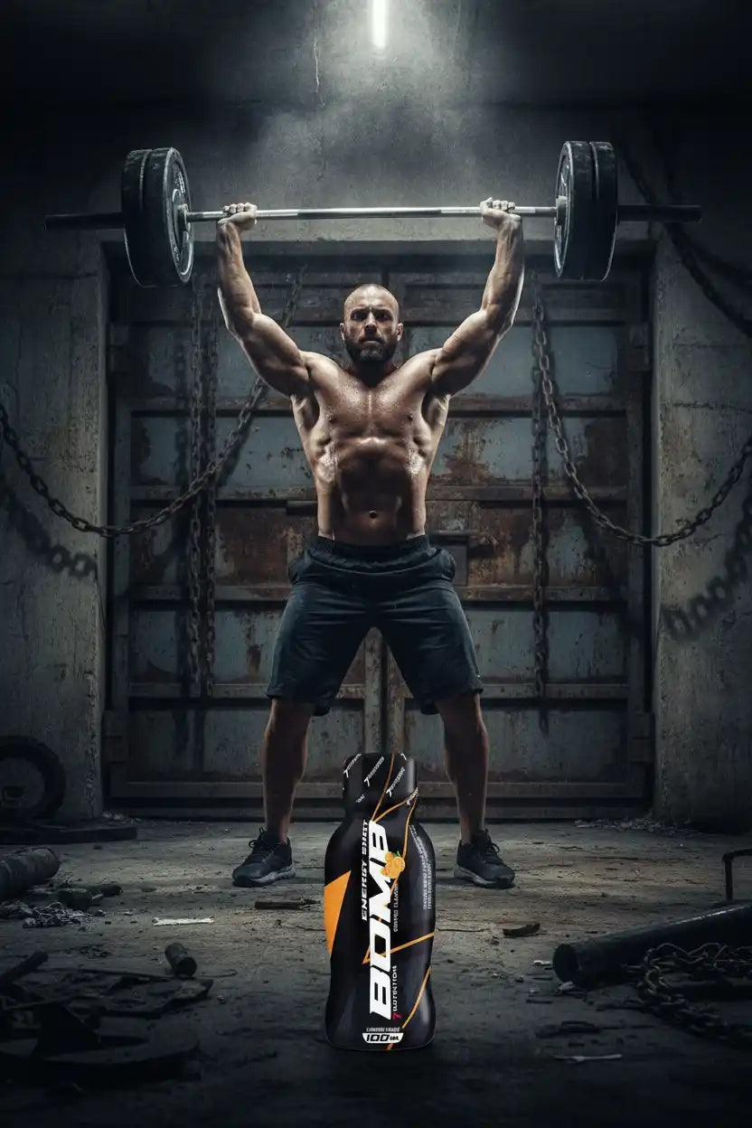Muskulöser Athlet mit Barbell und BORN Energy Shot – ideal für Training & Fitness