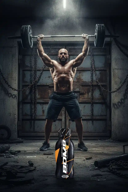 Muskulöser Athlet mit Barbell und BORN Energy Shot – ideal für Training & Fitness