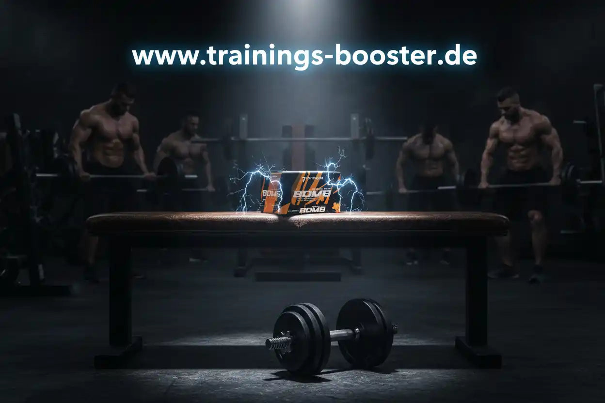 Trainings-Booster Box mit Blitz-Effekt auf Bank im Fitnessstudio, umgeben von Athleten und Hanteln