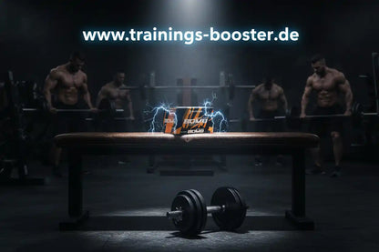 Trainings-Booster Box mit Blitz-Effekt auf Bank im Fitnessstudio, umgeben von Athleten und Hanteln