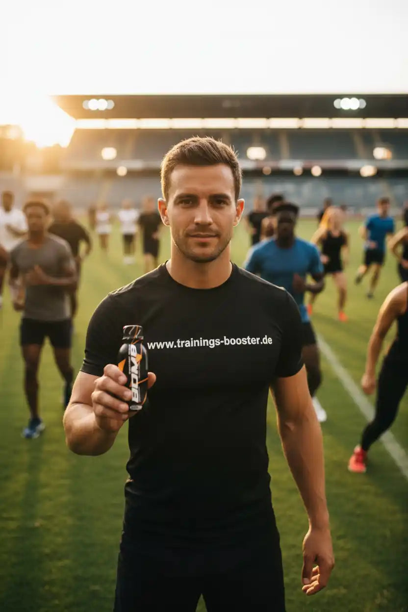 Mann mit Trainingsbooster-Flasche auf Sportplatz, ideal für Fitness und Training