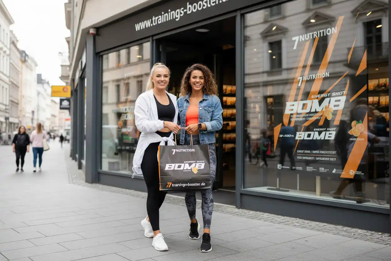 Zwei Frauen mit 7Nutrition BOMB Energy Shot Einkaufstasche vor trainings-booster.de Geschäft