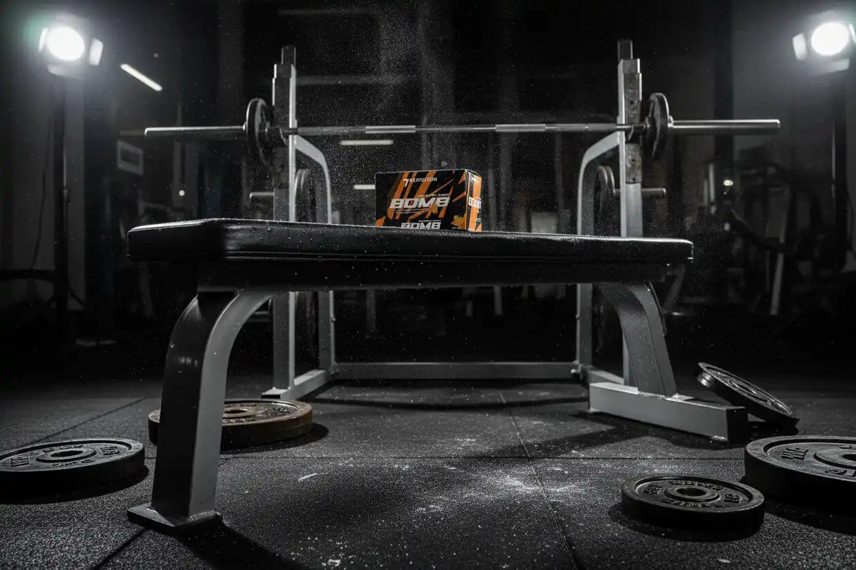 BOMB Booster Box auf Trainingsbank im Fitnessstudio mit Gewichten