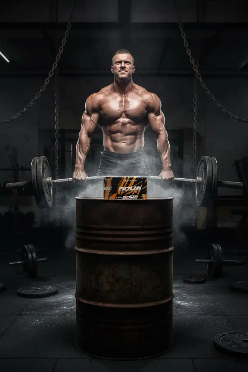 Muskulöser Mann mit Gewicht und Booster-Produkt im Fitnessstudio