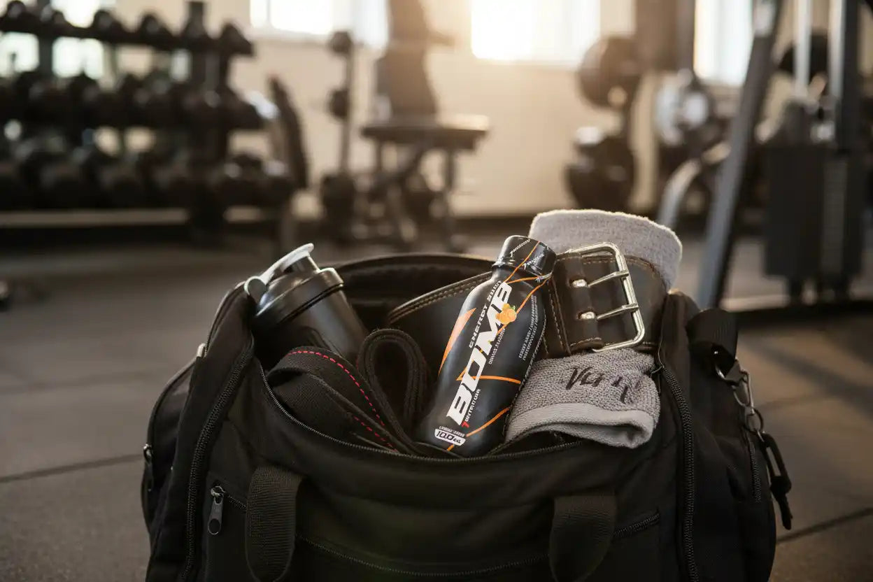 Fitness-Tasche mit Booster, Shaker und Trainingszubehör im Gym