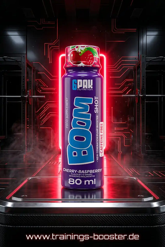TREC NUTRITION BOOM Pre Workout Shot 80ml in Kirsch-Himbeer Geschmack vor futuristischem Hintergrund