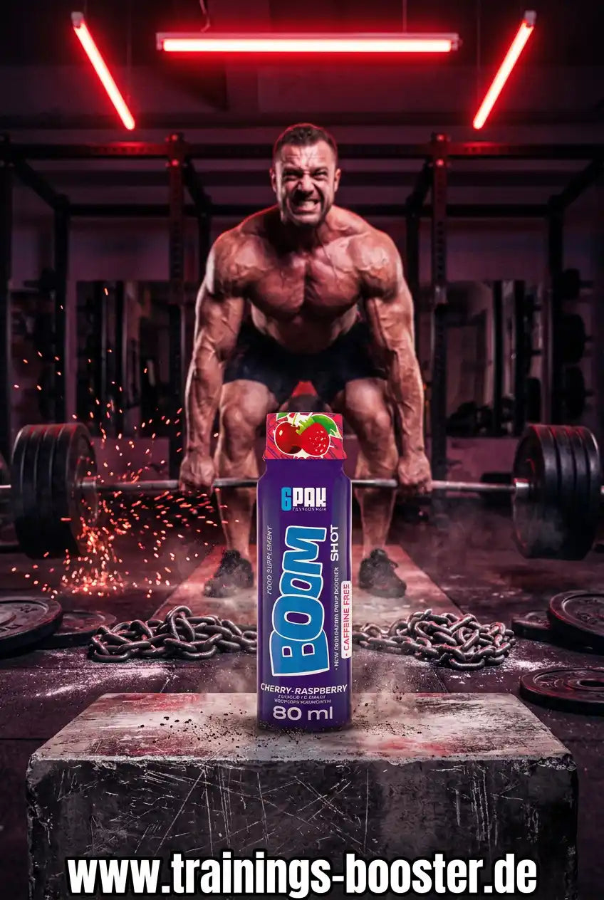 TREC NUTRITION BOOM Pre Workout Shot Kirsche-Himbeere vor einem muskulösen Bodybuilder im Gym.