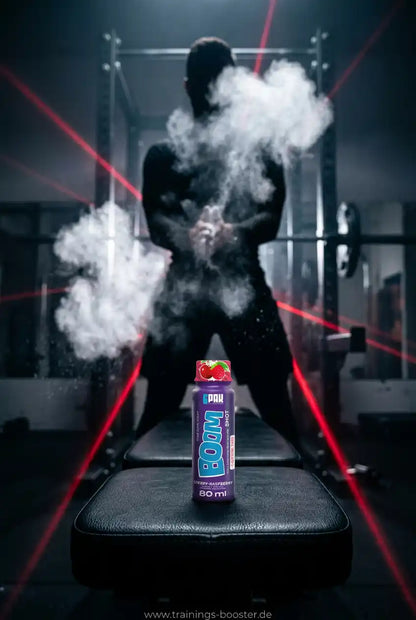 TREC NUTRITION BOOM Pre Workout Shot Kirsche-Himbeere vor einem Bodybuilder im Fitnessstudio
