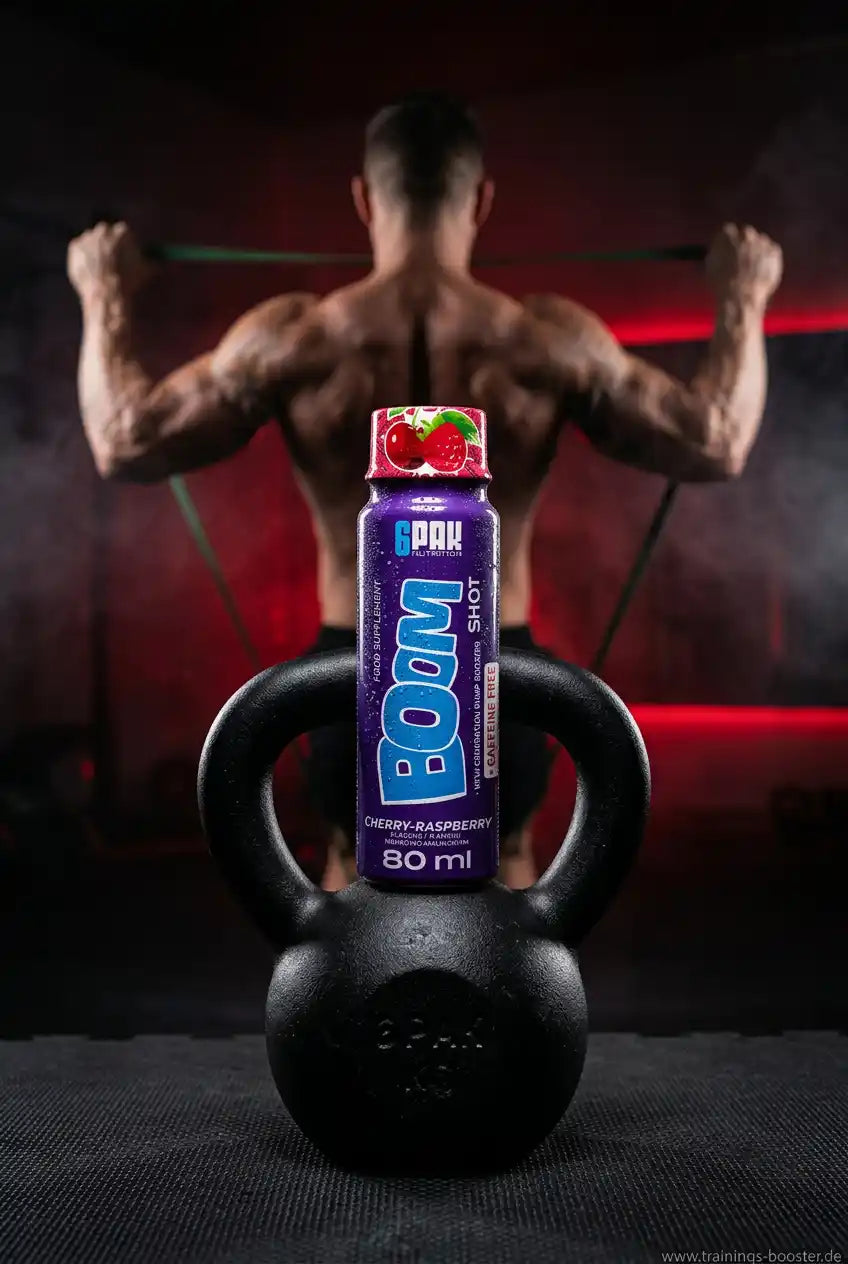 Trec Nutrition BOOM Pre Workout Shot Kirsch-Himbeere auf einer Kettlebell vor einem Bodybuilder