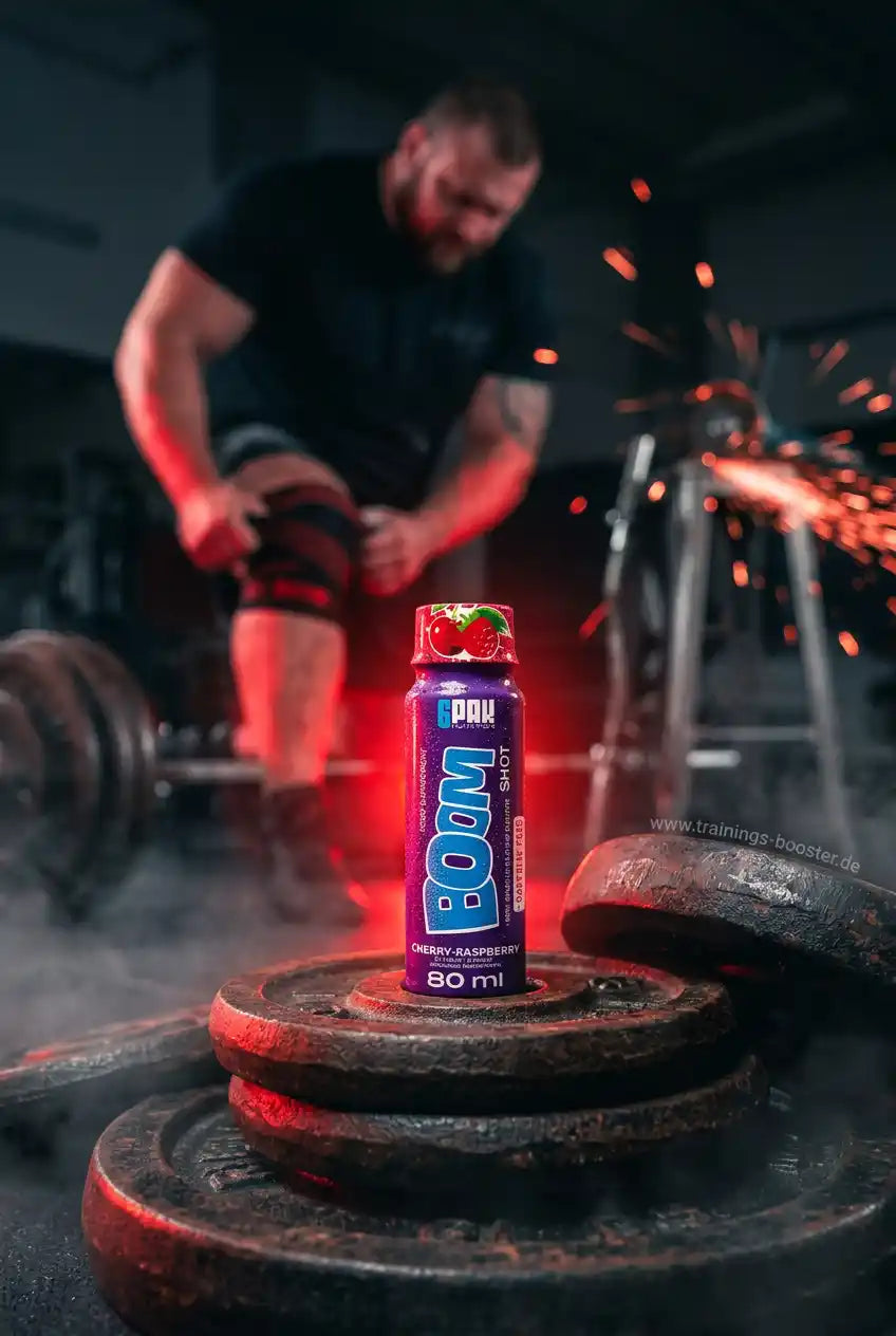 TREC NUTRITION BOOM Pre Workout Shot Kirsche-Himbeere auf Hantelscheiben im Fitnessstudio
