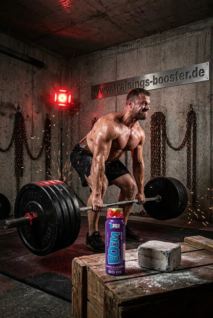 Muskulöser Mann hebt Hantel neben einem TREC NUTRITION BOOM Pre Workout Shot im Fitnessstudio.