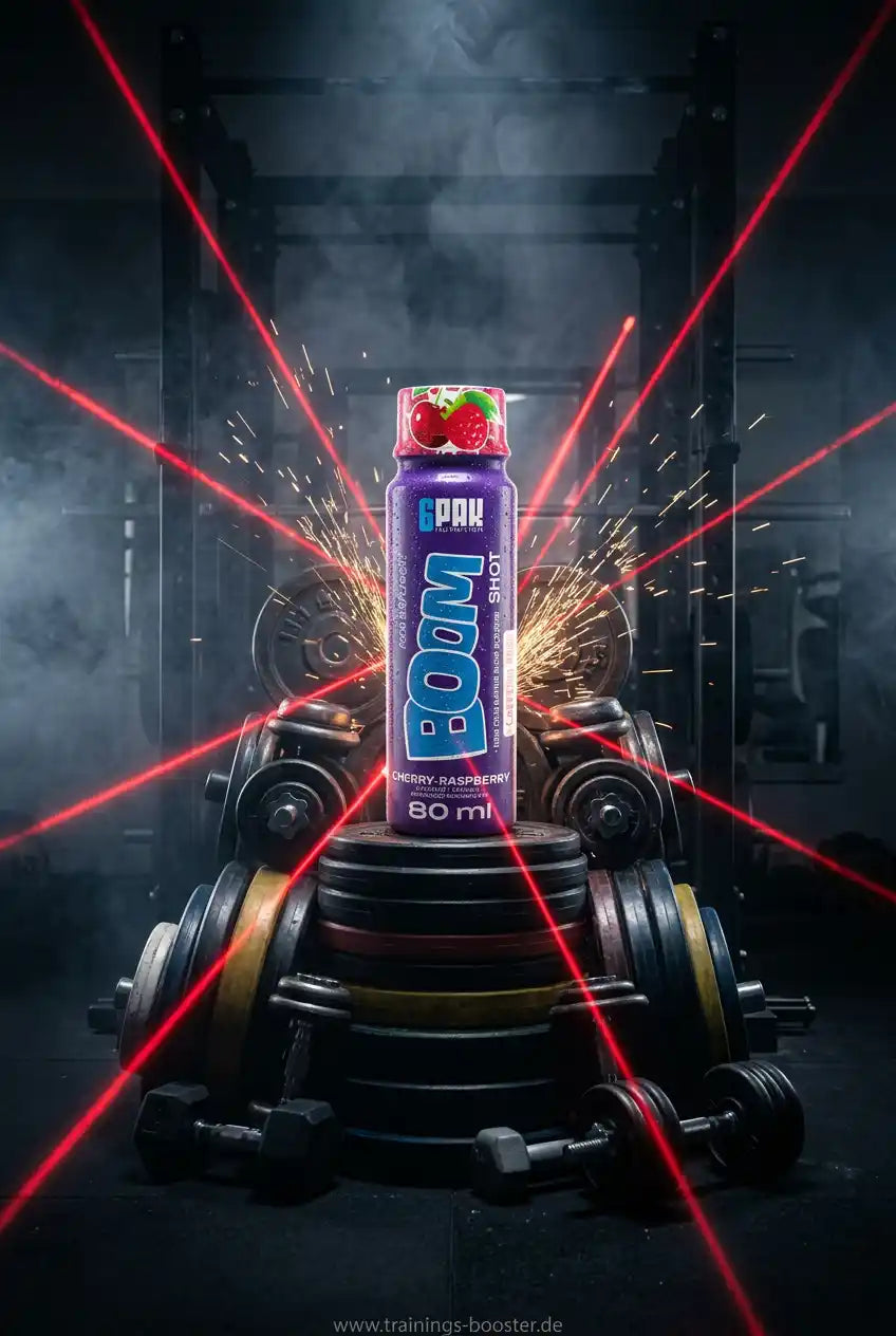 TREC NUTRITION BOOM Pre Workout Shot Kirsch-Himbeere auf Hantelscheiben mit Laser-Effekten.