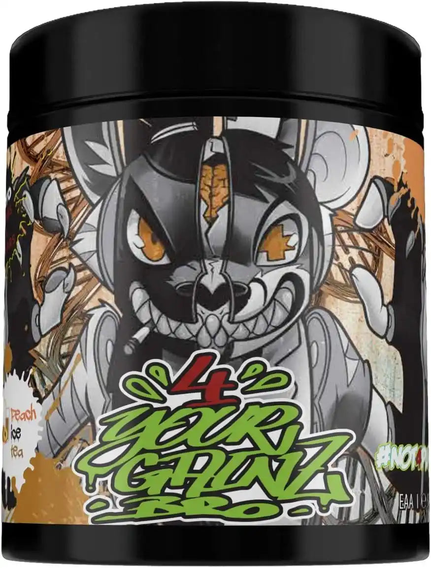 Energiebooster mit Peach Ice Tea Geschmack, grafisches Design mit Cartoon-Charakter, ideal für Training und Sport