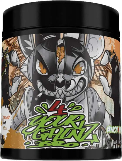 Energiebooster mit Peach Ice Tea Geschmack, grafisches Design mit Cartoon-Charakter, ideal für Training und Sport