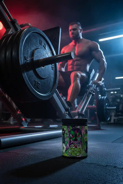 BPS Pharma Nahrungsergänzungsmittel vor einem Bodybuilder an einer Beinpresse im Fitnessstudio