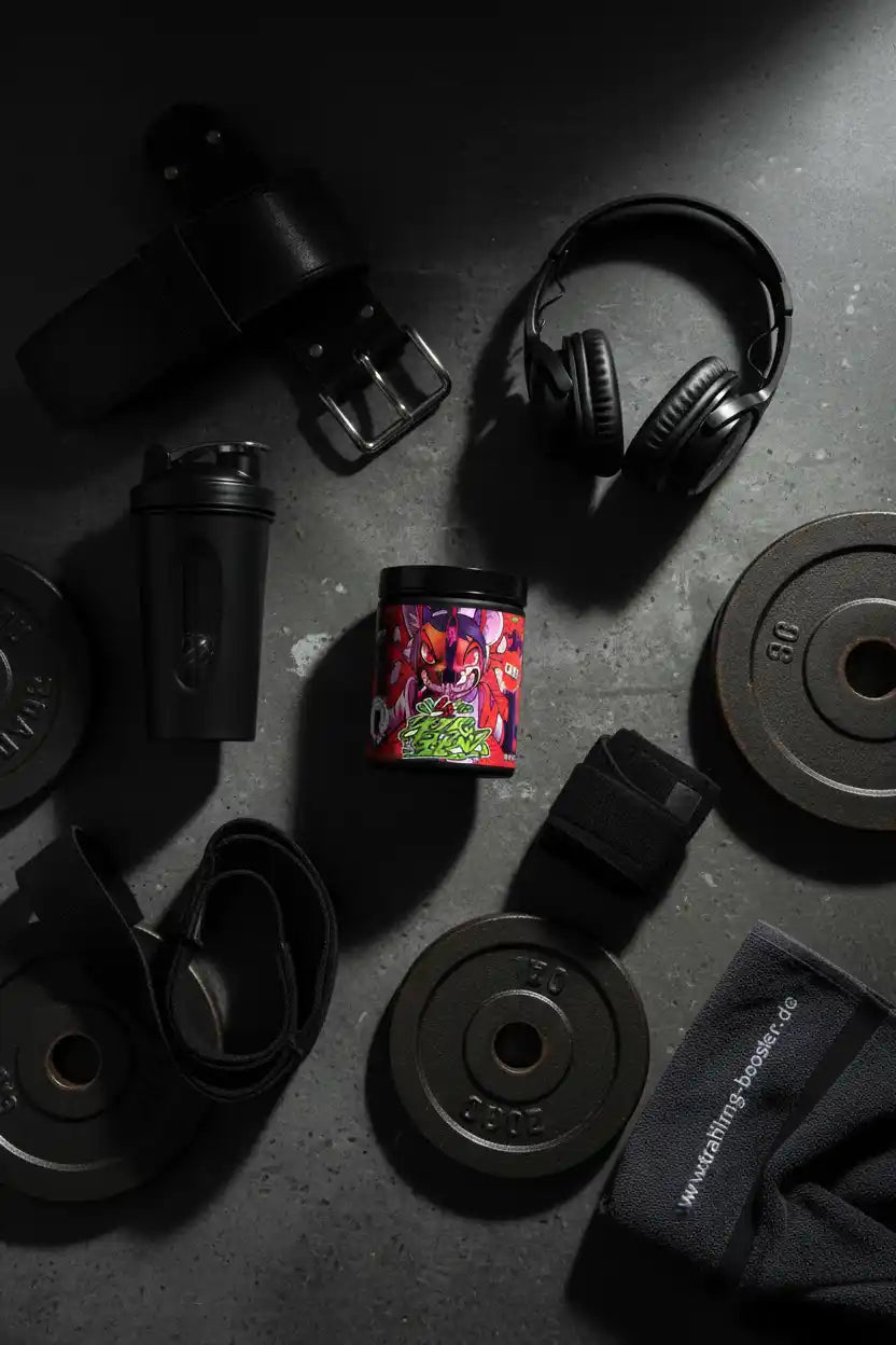BPS Pharma 4YourGainz Bro EAA Dose umgeben von Fitness-Equipment wie Hantelscheiben und Kopfhörern