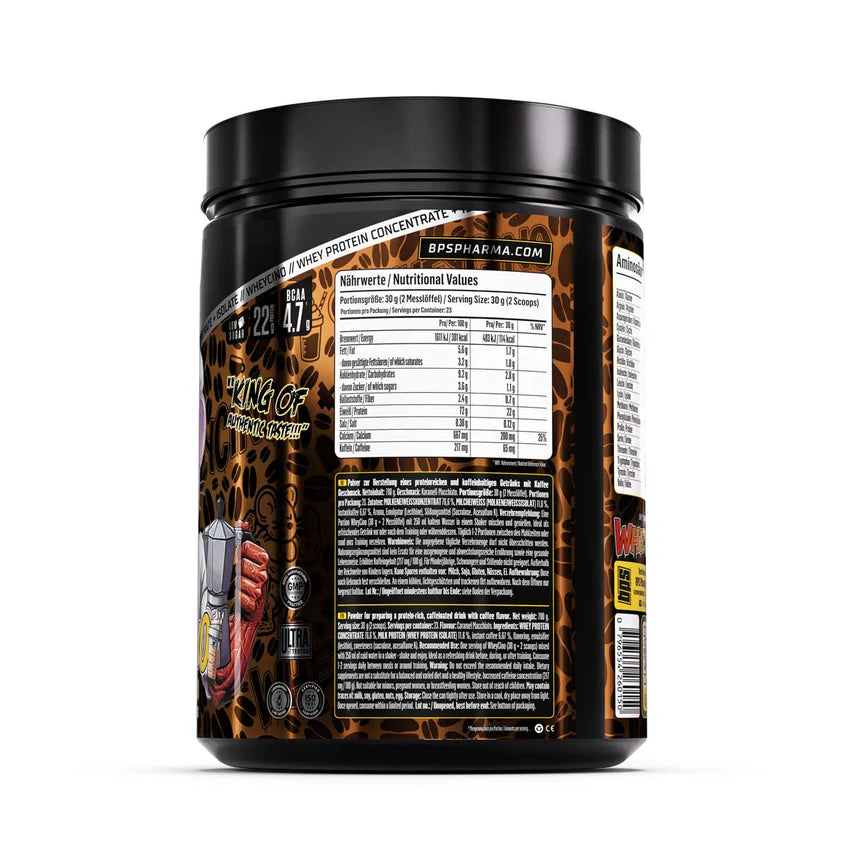 Whey Protein Konzentrat mit Kaffee-Geschmack, Nährwertangaben und BCAA 4,7g pro Portion