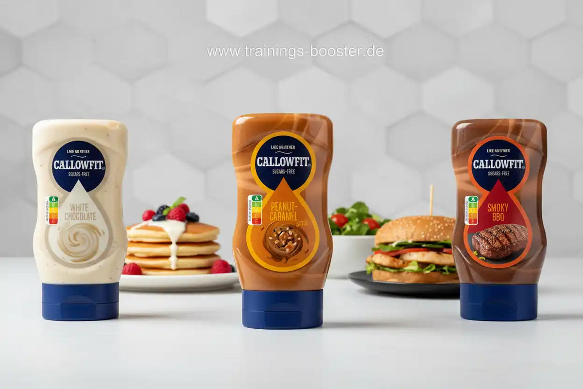 Drei Callowfit Saucen in den Sorten White Chocolate, Peanut Caramel und Smoky BBQ mit passenden Speisen.