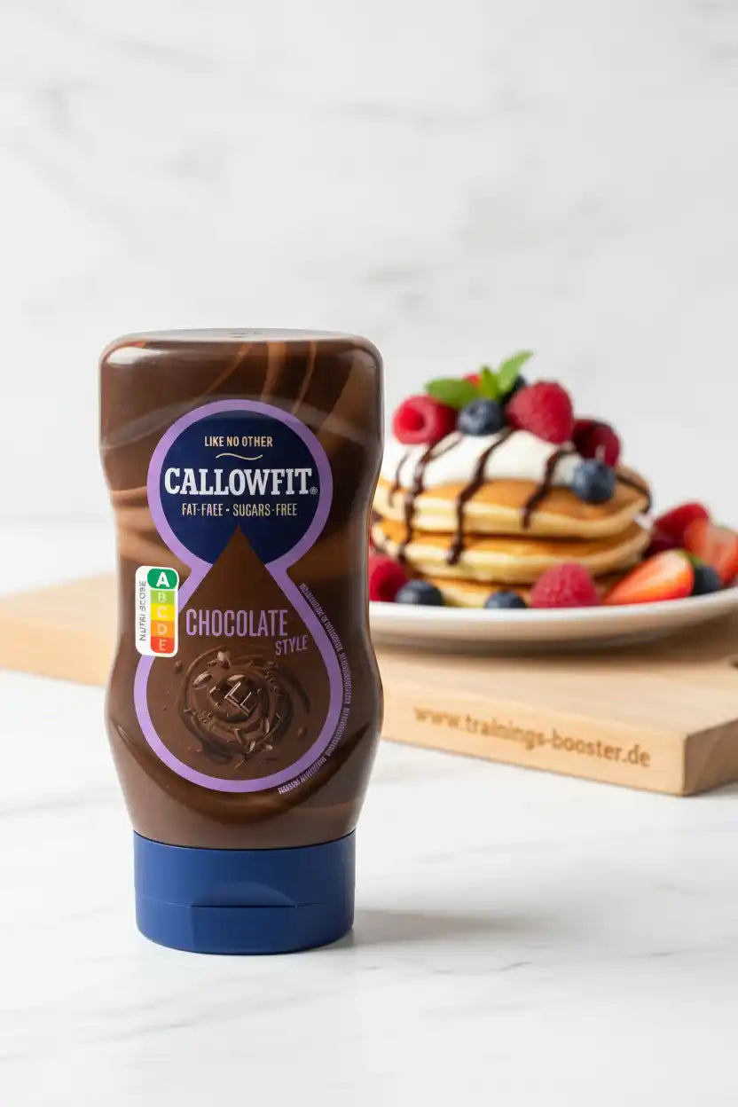 Callowfit Schokoladensauce auf einer Flasche neben einem Stapel Pfannkuchen mit Beeren.
