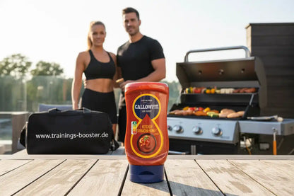 Callowfit Sriracha-Honig Ketchup Flasche vor einem Grill und einem sportlichen Paar