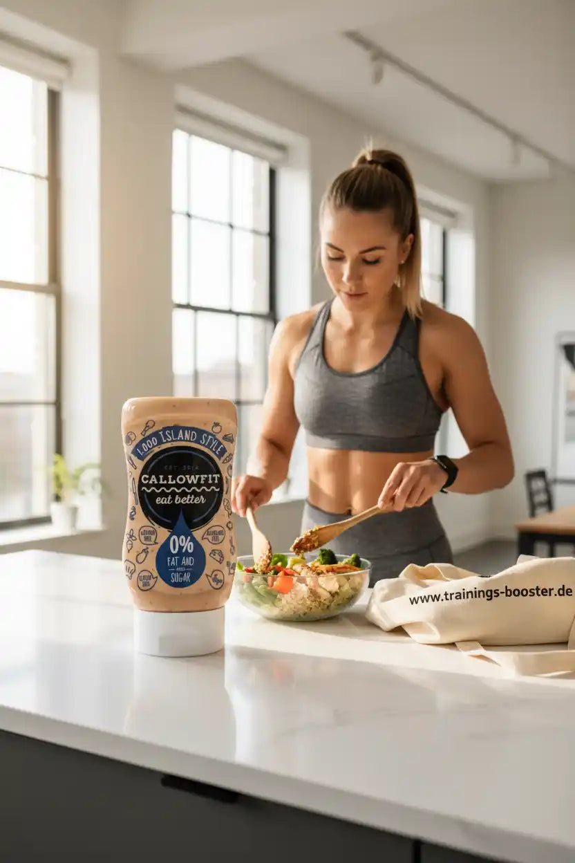 Callowfit Sauce Thousand Island neben einer Frau, die einen gesunden Salat zubereitet.