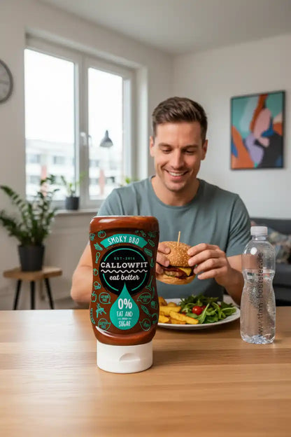 Callowfit Smoky BBQ Sauce Flasche vor einem Mann mit Burger und Salat