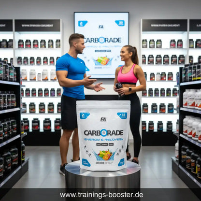 FA Nutrition CARBORADE Kohlenhydrat Pulver im Vordergrund, Sportler in einem Supplement-Shop.