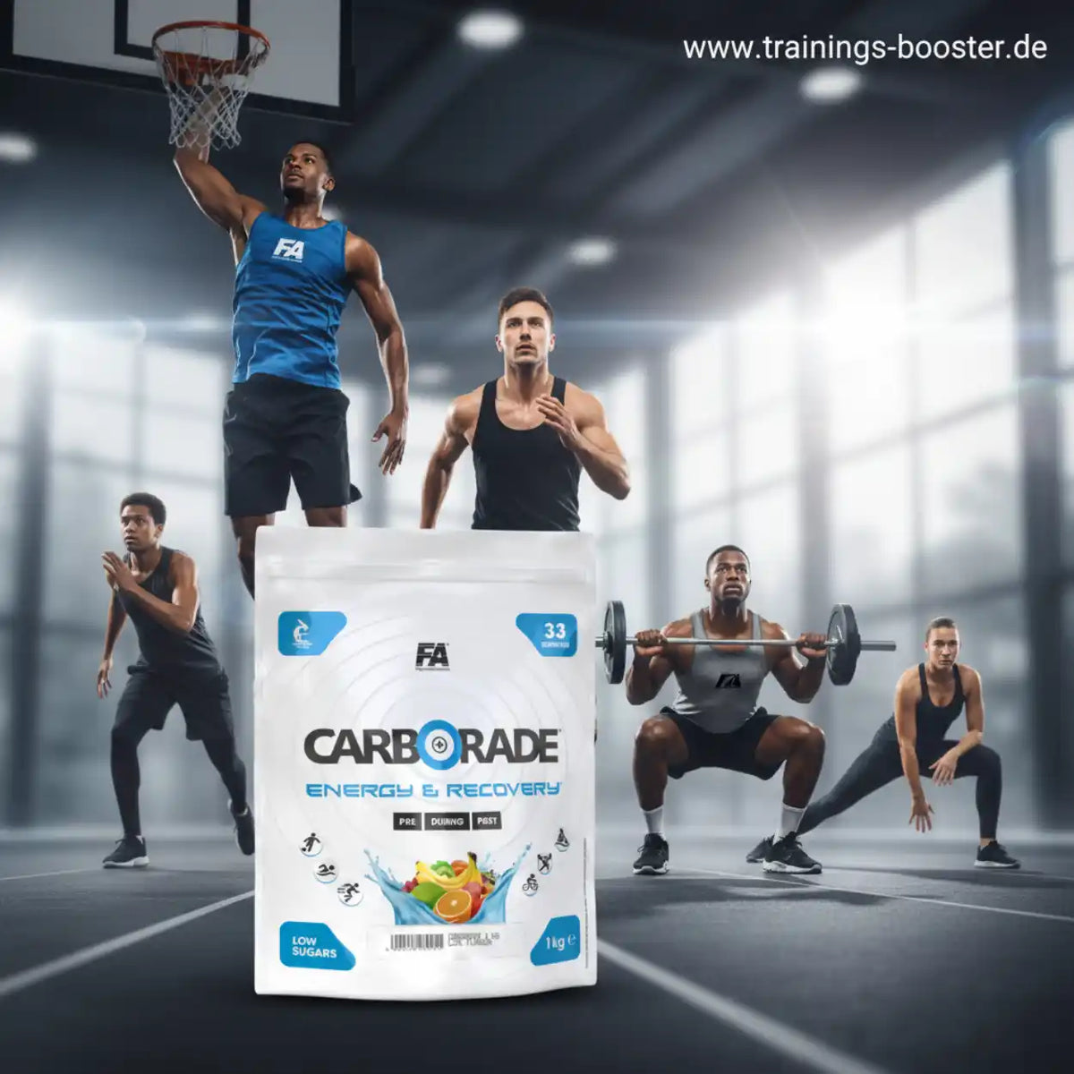 FA Nutrition CARBORADE Kohlenhydrat Pulver für Energie und Regeneration vor Sportlern.