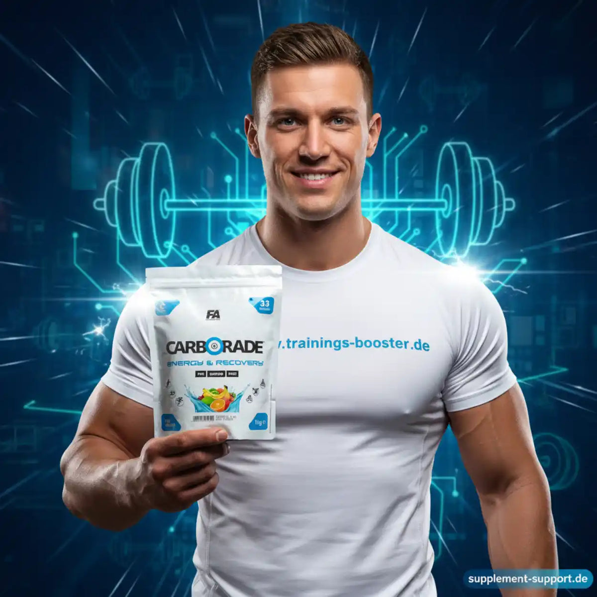 Muskulöser Mann hält eine Packung FA Nutrition CARBORADE Kohlenhydrat Pulver vor digitalem Hintergrund.