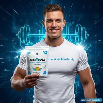 Muskulöser Mann hält eine Packung FA Nutrition CARBORADE Kohlenhydrat Pulver vor digitalem Hintergrund.