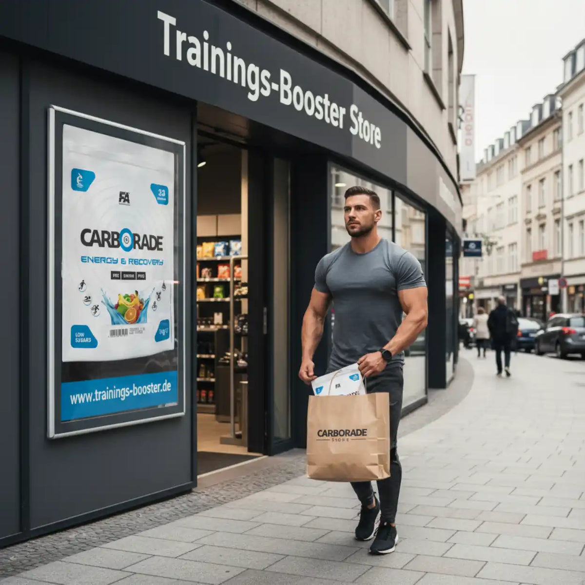 Muskulöser Mann mit Papiertüte vor einem Store mit FA Nutrition Carborade Plakat.