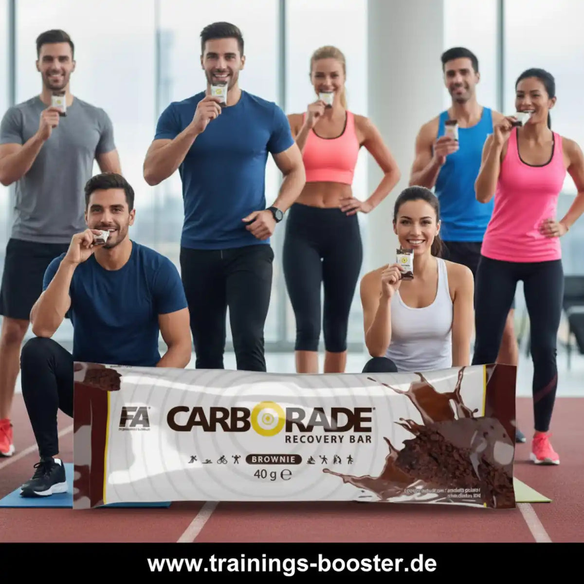FA Nutrition Carborade Recovery Bar Brownie mit Sportlern im Hintergrund