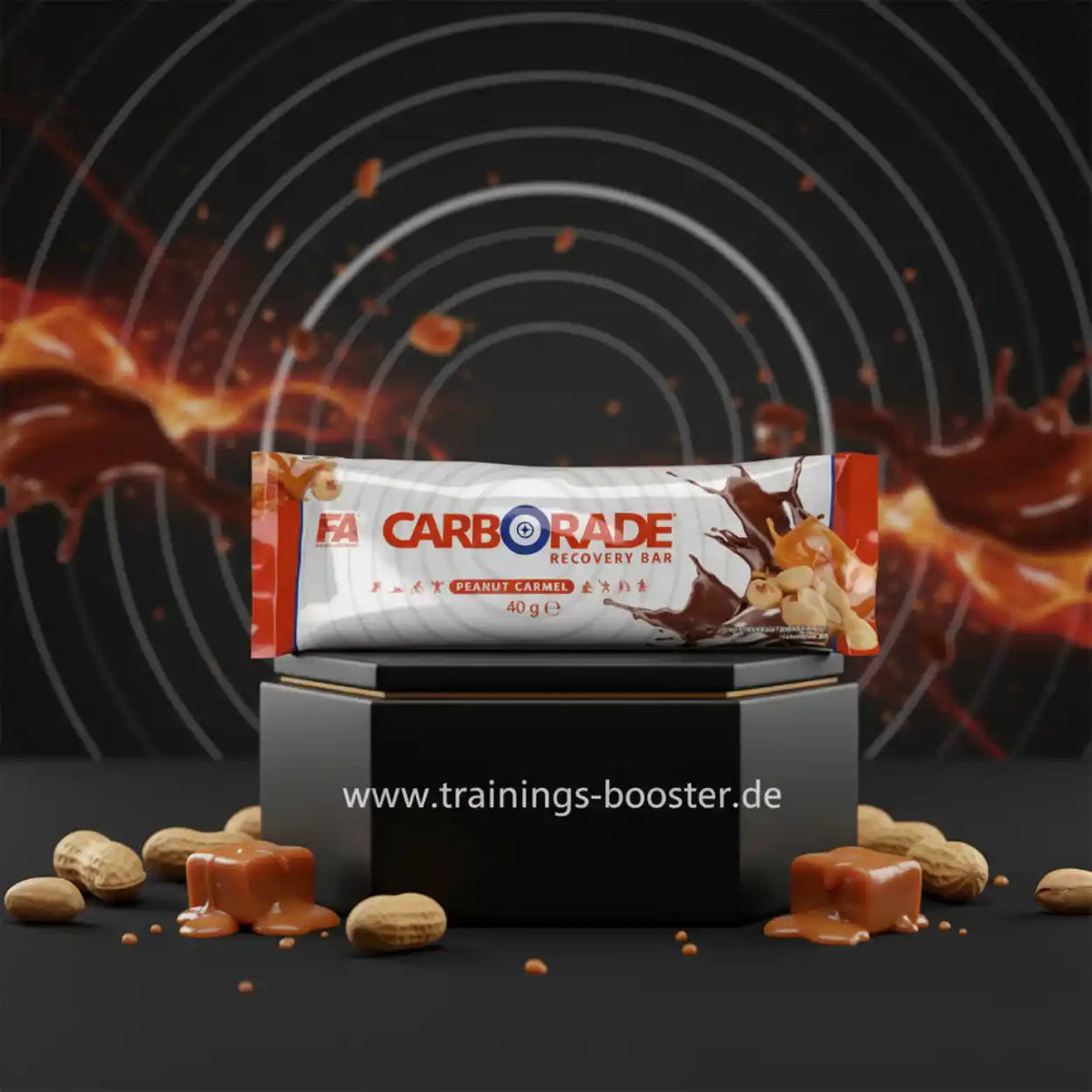 FA Nutrition Carborade Recovery Bar Peanut Carmel mit Erdnüssen und Karamell auf schwarzem Grund