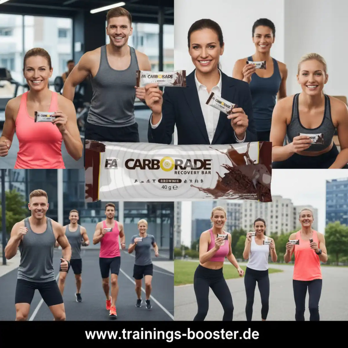 Sportler präsentieren den FA Nutrition Carborade Recovery Bar in Brownie Geschmack.