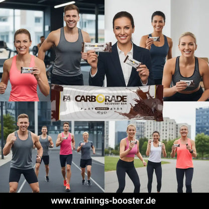 Sportler präsentieren den FA Nutrition Carborade Recovery Bar in Brownie Geschmack.
