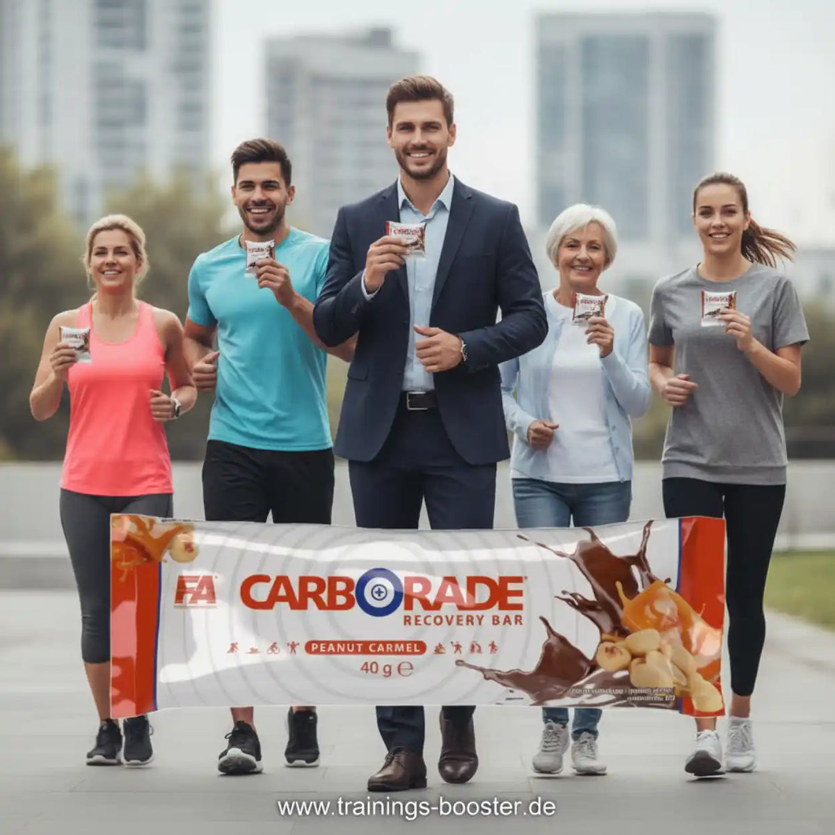 Gruppe von Sportlern mit FA Nutrition Carborade Recovery Bar Peanut Caramel