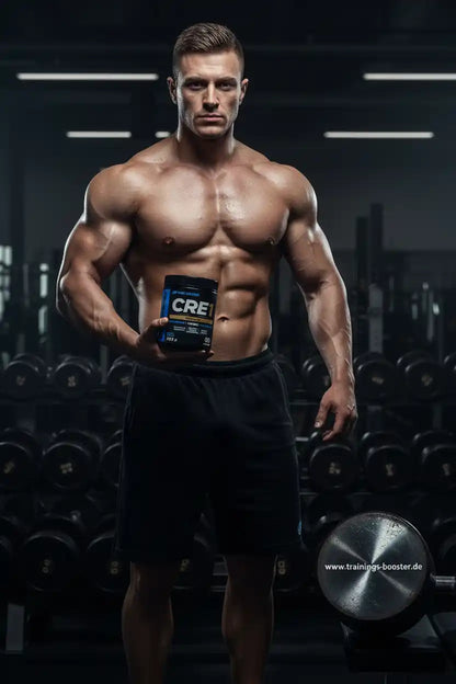 Muskulöser Mann mit CRE-Booster in der Hand im Fitnessstudio
