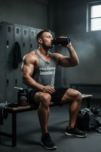 Muskulöser Mann trinkt aus Shaker in Umkleide, neben HCL Creatine Dose