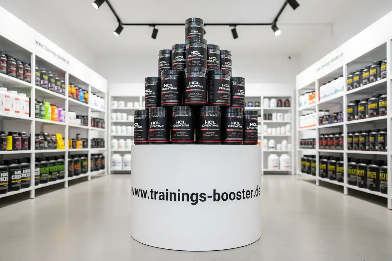 HCL Creatine Booster in einem modernen Sportnahrungsgeschäft mit Regalen voller Produkte