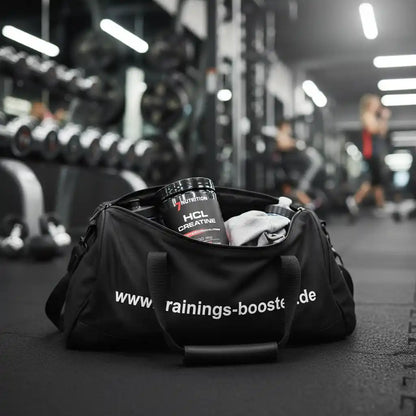 Schwarze Sporttasche mit HCL Creatine und Trainingszubehör im Fitnessstudio