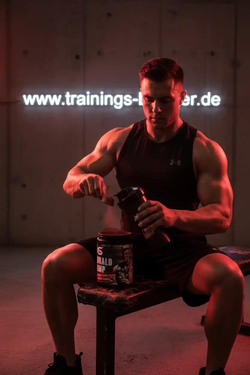 Muskulöser Mann bereitet Sportnahrung mit Booster vor, ideal für Training und Fitness