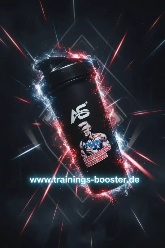 Schwarzer Shaker mit AS-Logo und Muskelmann, umgeben von Energieeffekten – ideal für Sportnahrung und Booster