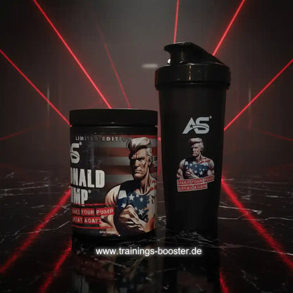 Donald Pump Booster Dose & Shaker mit US-Flaggen-Design, Limited Edition für Training und Muskelaufbau